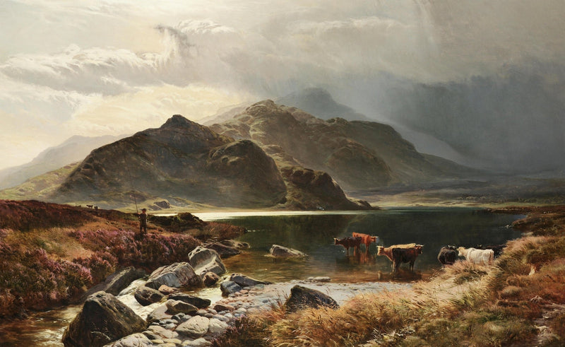 Highland Lake, Cattle, Dramatic Mountains – Landscape Oil Painting - Oil Painting Haven