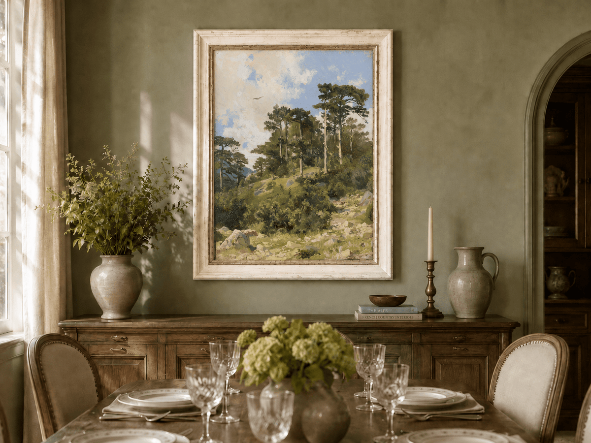 Framed hand-painted hillside oil painting with pine trees, rocks and open sky displayed above a formal dining table.