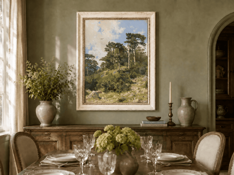 Framed hand-painted hillside oil painting with pine trees, rocks and open sky displayed above a formal dining table.