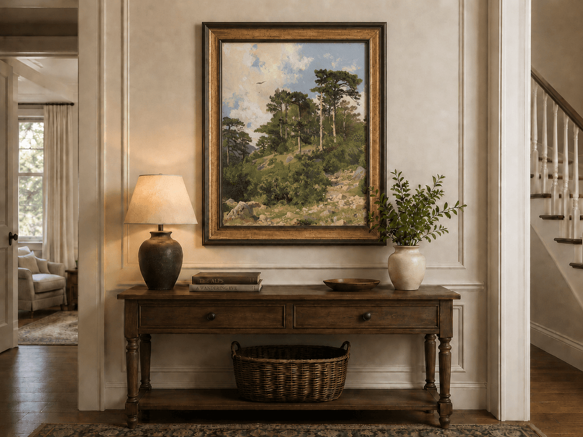 Framed hand-painted hillside oil painting with pine trees, rocks and open sky displayed above an entryway console table.