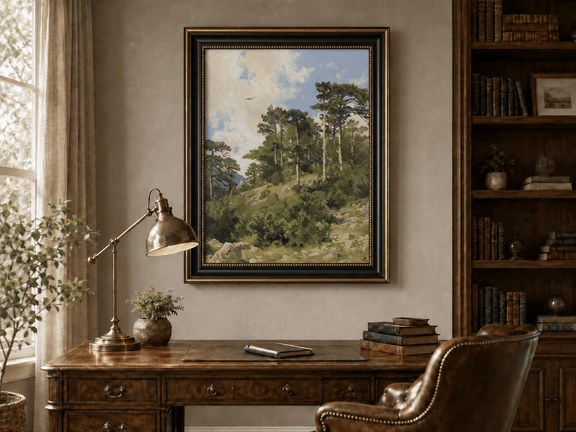 Framed hand-painted hillside oil painting with pine trees, rocks and open sky displayed above a traditional home office desk.