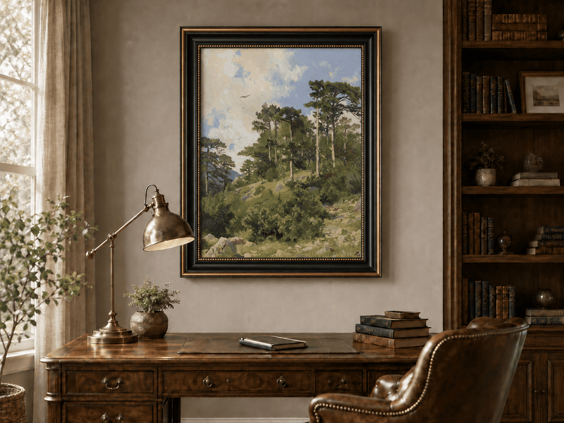 Framed hand-painted hillside oil painting with pine trees, rocks and open sky displayed above a traditional home office desk.