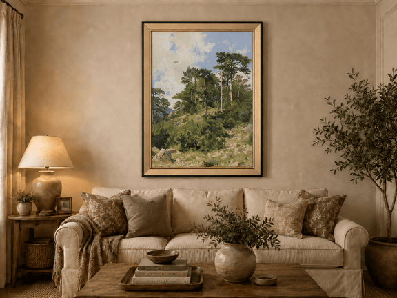 Framed hand-painted hillside oil painting with pine trees, rocks and open sky displayed above a neutral living room sofa.