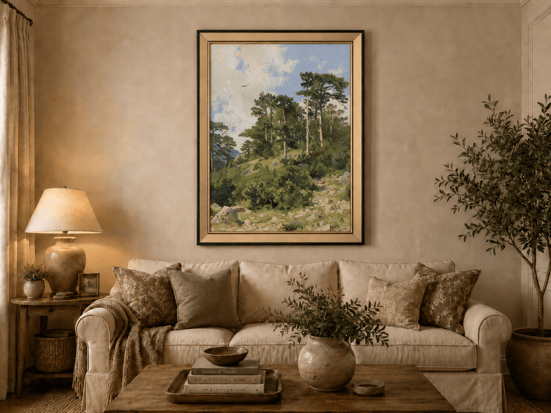 Framed hand-painted hillside oil painting with pine trees, rocks and open sky displayed above a neutral living room sofa.