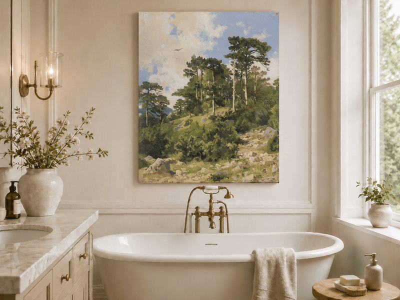 Unframed hand-painted hillside oil painting with pine trees, rocks and open sky displayed above a freestanding bathtub.