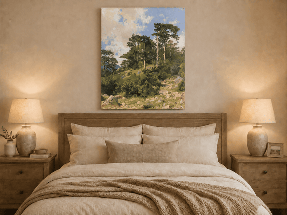 Unframed hand-painted hillside oil painting with pine trees, rocks and open sky displayed above a wooden bed in a neutral bedroom.