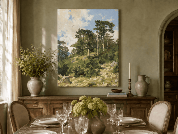 Unframed hand-painted hillside oil painting with pine trees, rocks and open sky displayed above a formal dining table.
