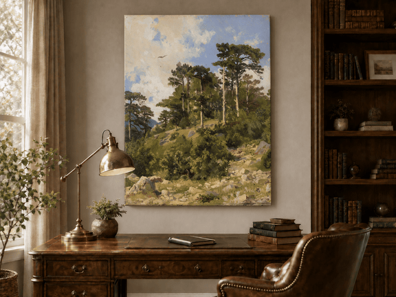 Unframed hand-painted hillside oil painting with pine trees, rocks and open sky displayed above a traditional home office desk.