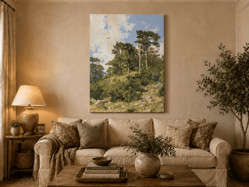 Unframed hand-painted hillside oil painting with pine trees, rocks and open sky displayed above a neutral living room sofa.
