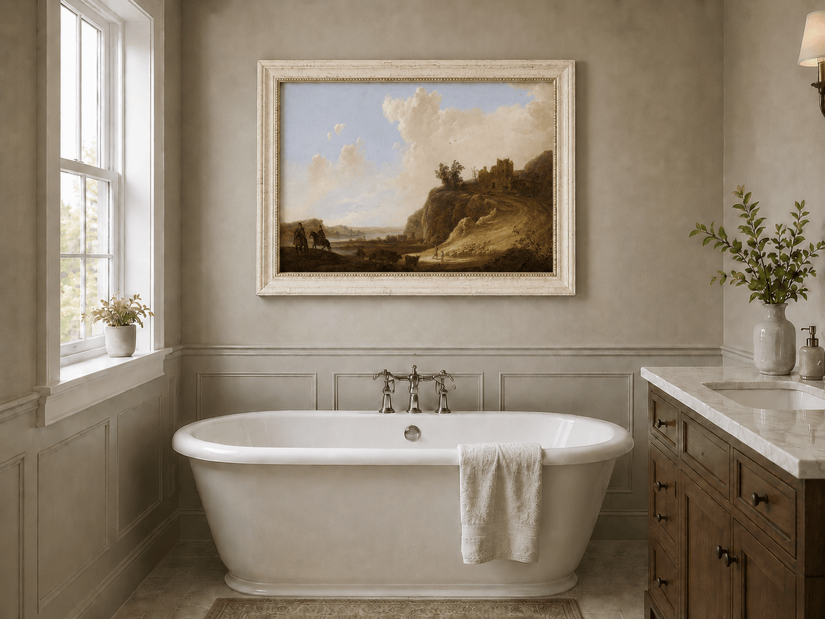 Framed hand-painted landscape oil painting with hilltop ruins, figures and a winding road displayed above a freestanding bathtub.