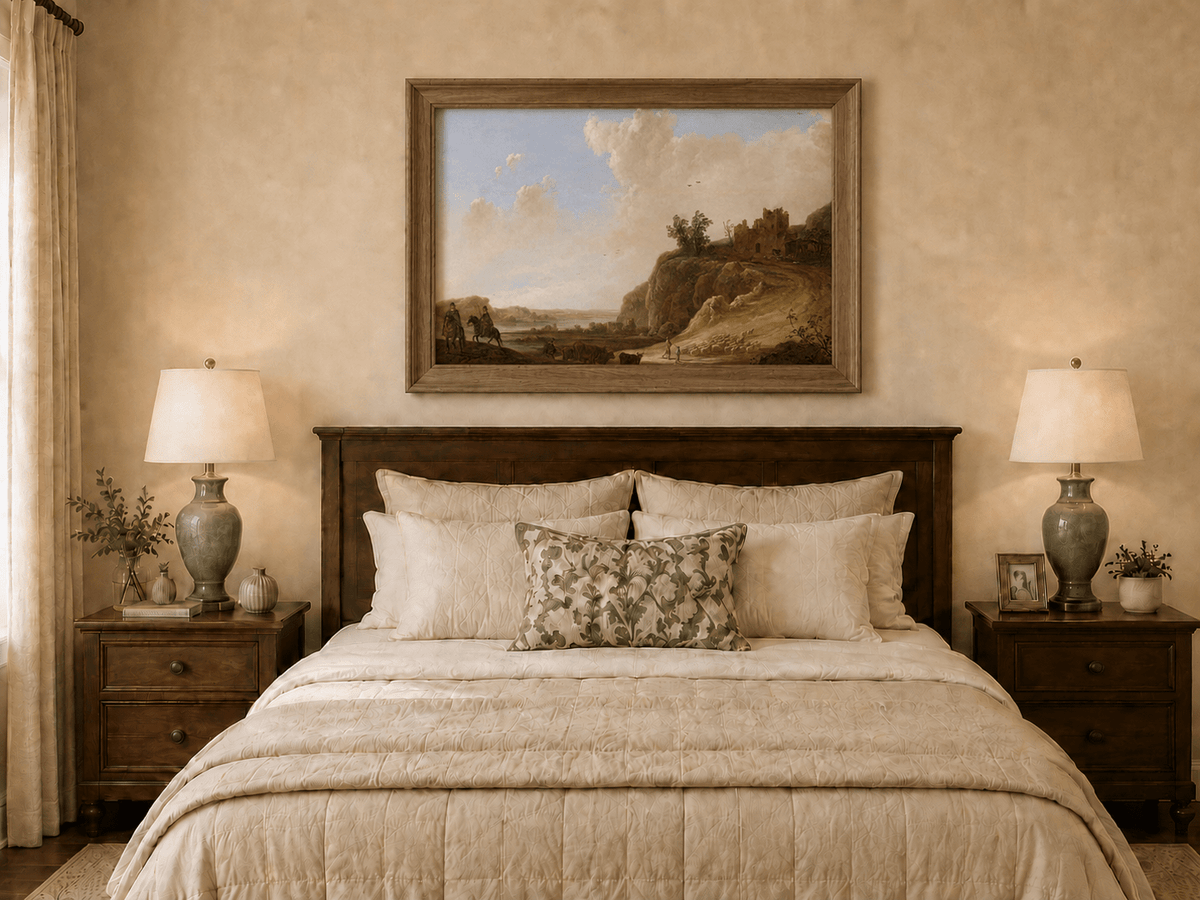 Framed hand-painted landscape oil painting with hilltop ruins, figures and a winding road displayed above a wooden bed in a neutral bedroom.