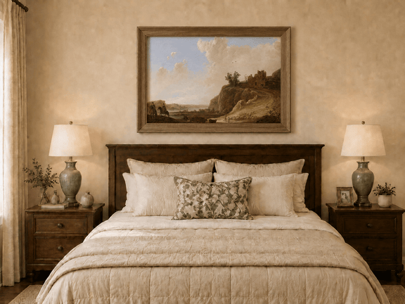 Framed hand-painted landscape oil painting with hilltop ruins, figures and a winding road displayed above a wooden bed in a neutral bedroom.