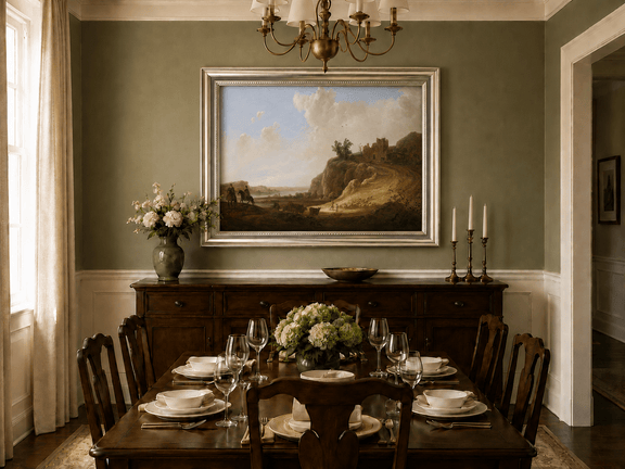 Framed hand-painted landscape oil painting with hilltop ruins, figures and a winding road displayed above a formal dining table.