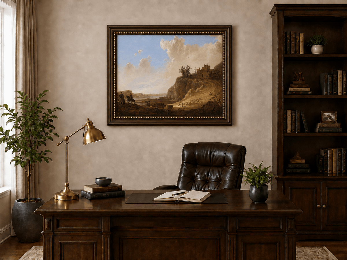 Framed hand-painted landscape oil painting with hilltop ruins, figures and a winding road displayed above a traditional home office desk.