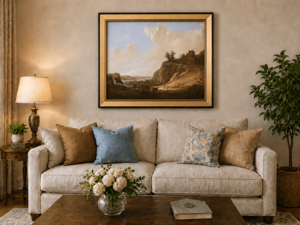 Framed hand-painted landscape oil painting with hilltop ruins, figures and a winding road displayed above a neutral living room sofa.