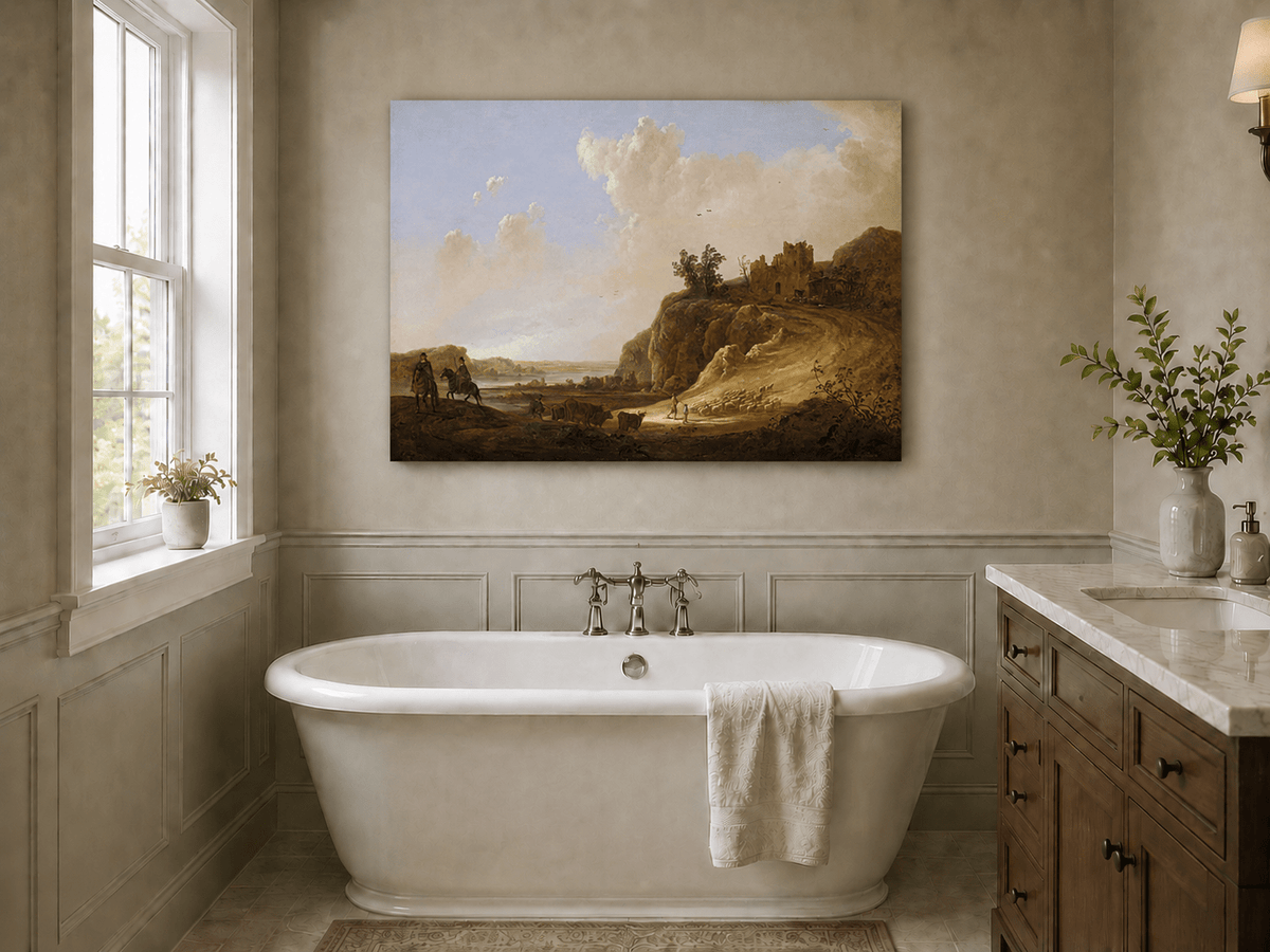 Unframed hand-painted landscape oil painting with hilltop ruins, figures and a winding road displayed above a freestanding bathtub.