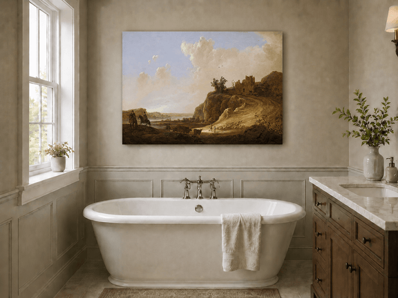 Unframed hand-painted landscape oil painting with hilltop ruins, figures and a winding road displayed above a freestanding bathtub.