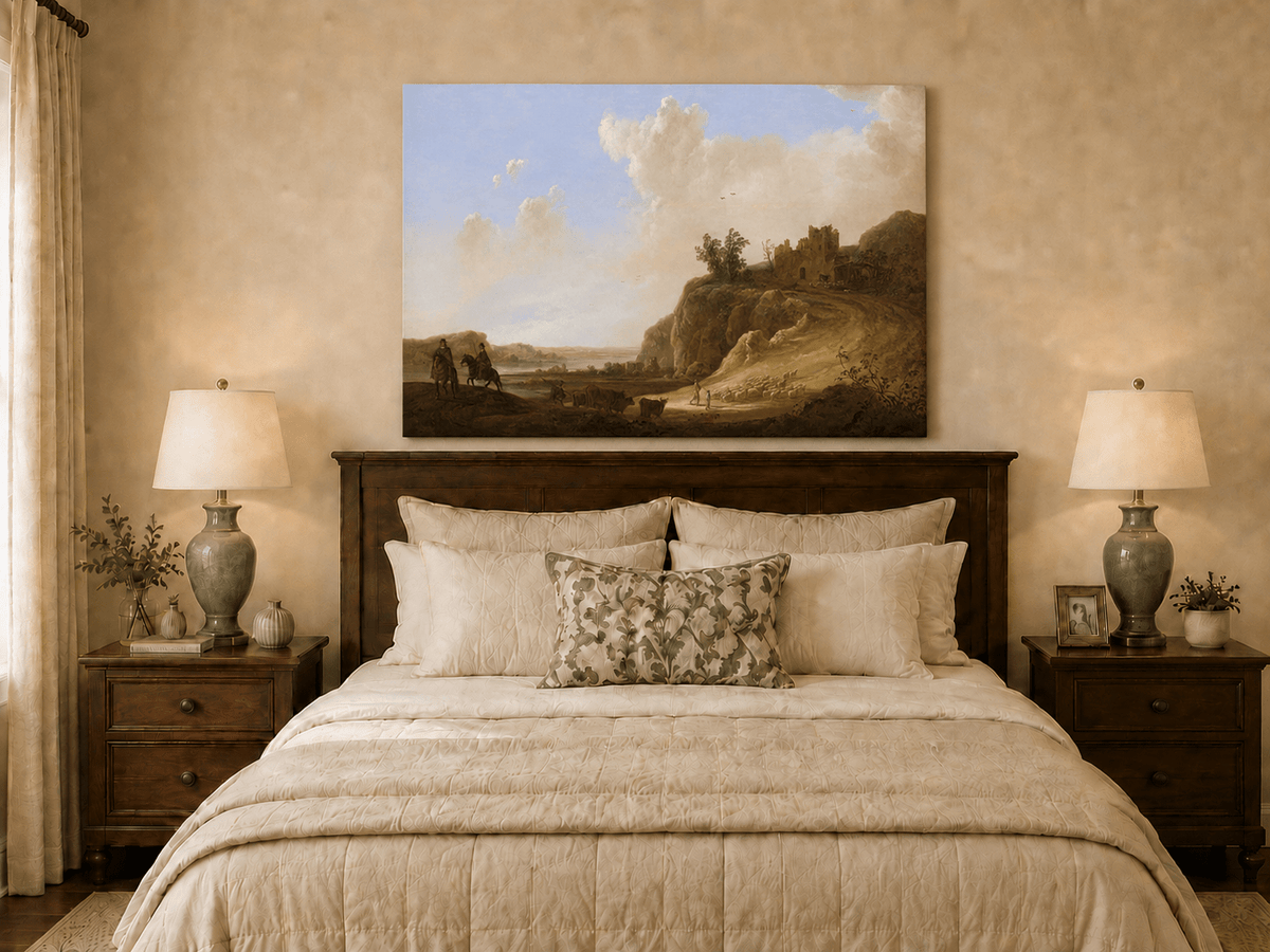 Unframed hand-painted landscape oil painting with hilltop ruins, figures and a winding road displayed above a wooden bed in a neutral bedroom.