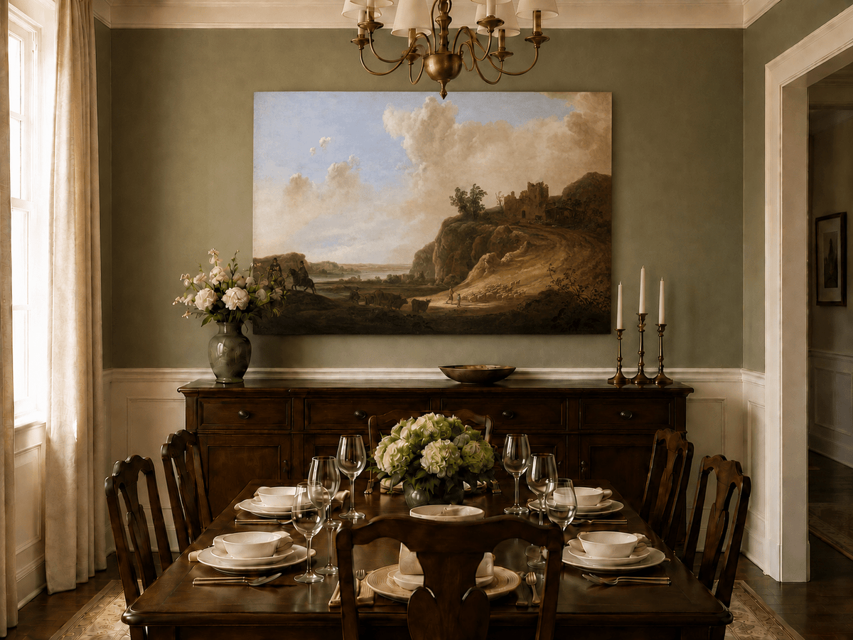 Unframed hand-painted landscape oil painting with hilltop ruins, figures and a winding road displayed above a formal dining table.