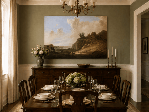 Unframed hand-painted landscape oil painting with hilltop ruins, figures and a winding road displayed above a formal dining table.