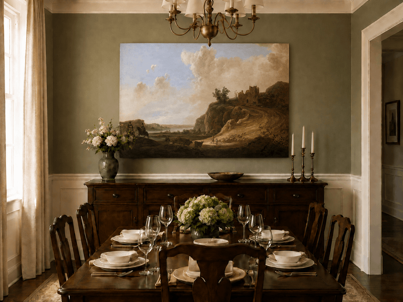 Unframed hand-painted landscape oil painting with hilltop ruins, figures and a winding road displayed above a formal dining table.