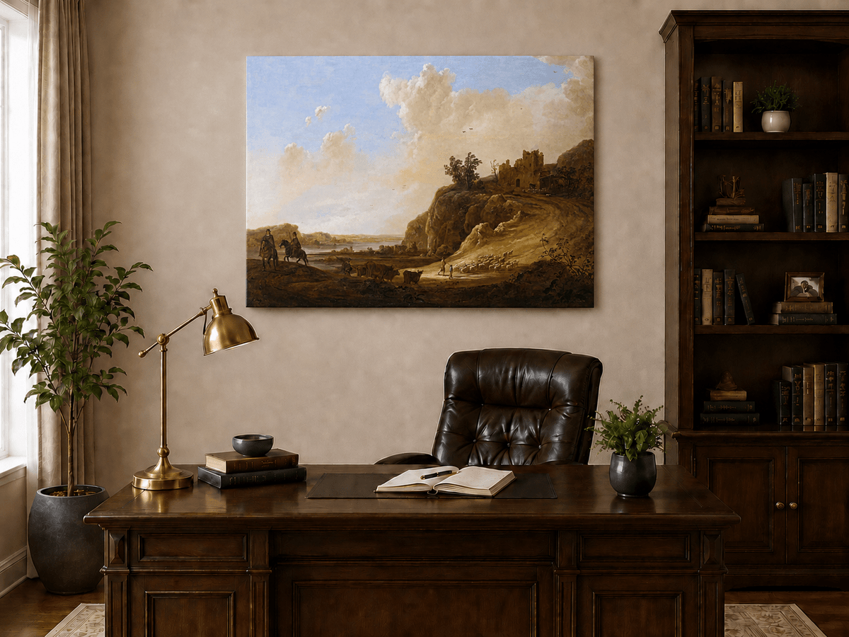 Unframed hand-painted landscape oil painting with hilltop ruins, figures and a winding road displayed above a traditional home office desk.