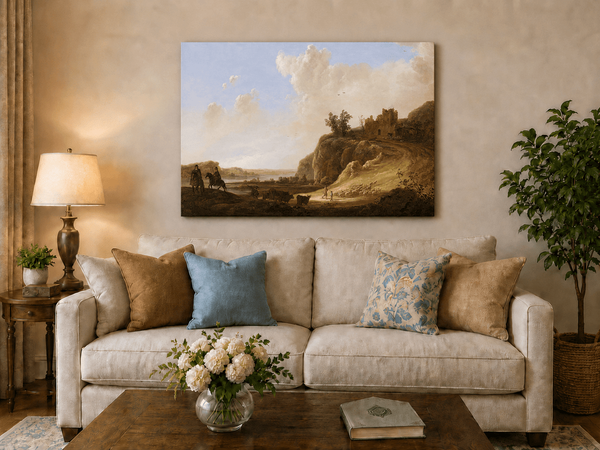 Unframed hand-painted landscape oil painting with hilltop ruins, figures and a winding road displayed above a neutral living room sofa.