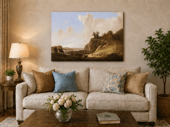 Unframed hand-painted landscape oil painting with hilltop ruins, figures and a winding road displayed above a neutral living room sofa.