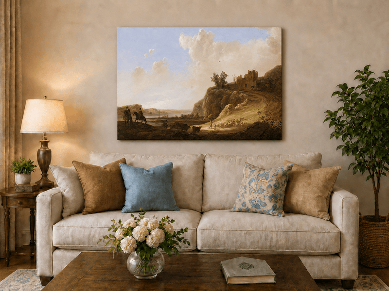 Unframed hand-painted landscape oil painting with hilltop ruins, figures and a winding road displayed above a neutral living room sofa.