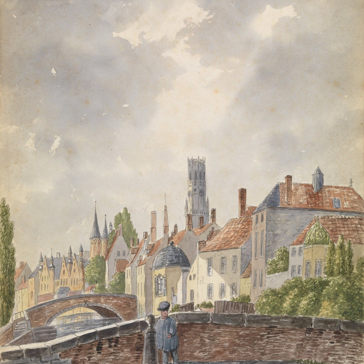 Hand-painted historic bruges canal and old town view landscape oil painting on canvas