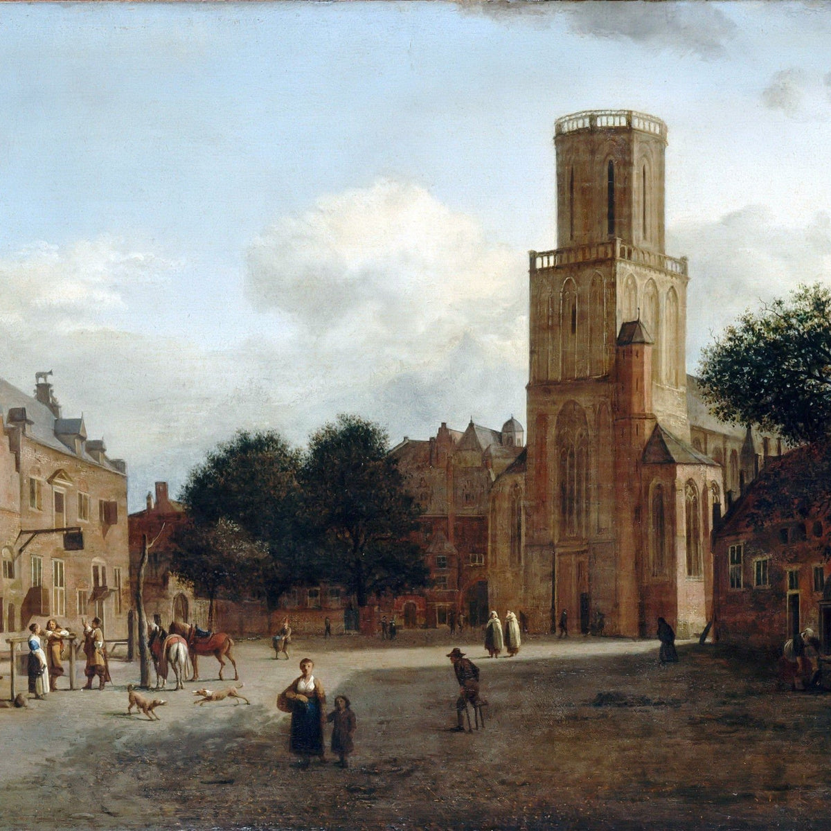 Hand-painted historic church square with town life landscape oil painting on canvas