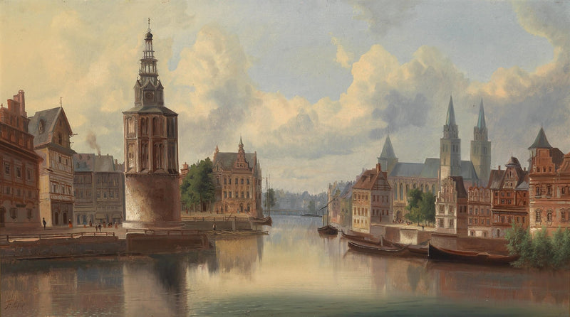 Historic European Canal City, Church Towers – Landscape Oil Painting - Oil Painting Haven