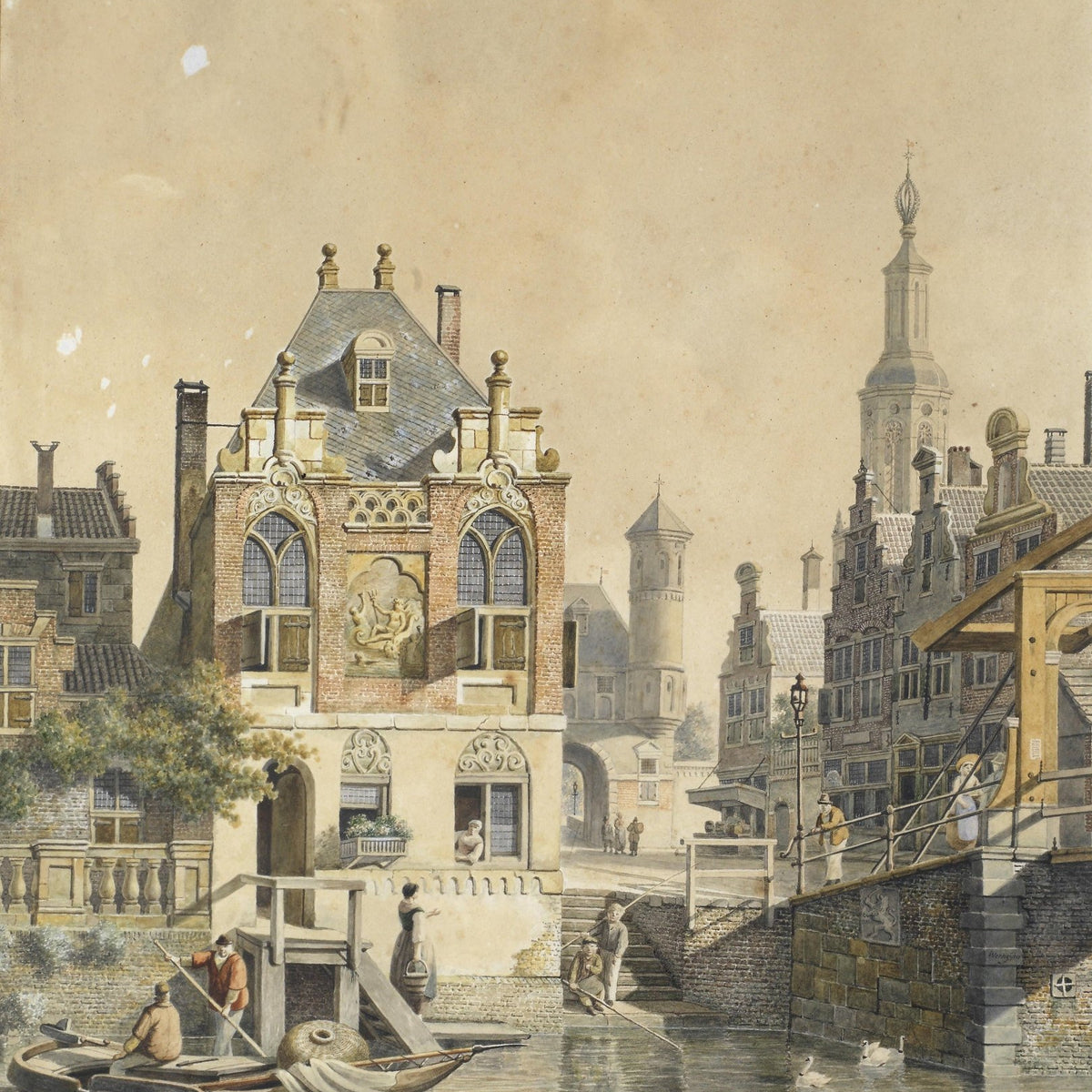 Historic European Canal Town, Boats – Hand - Painted Landscape Oil Painting - Oil Painting Haven