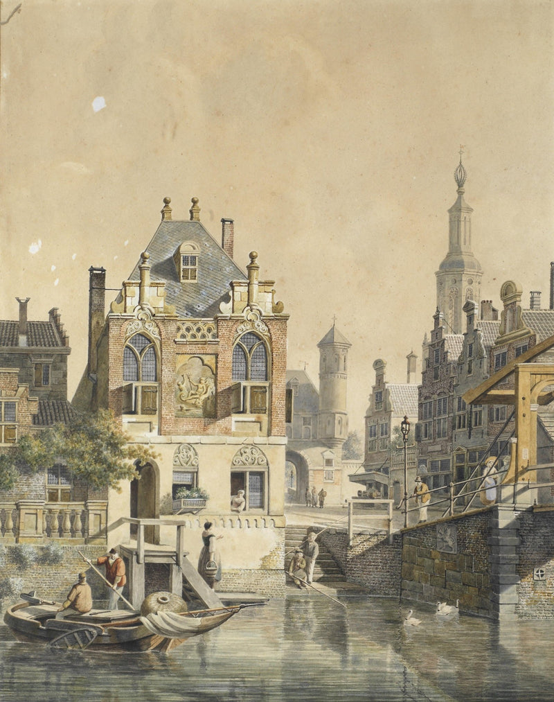 Historic European Canal Town, Boats – Hand - Painted Landscape Oil Painting - Oil Painting Haven