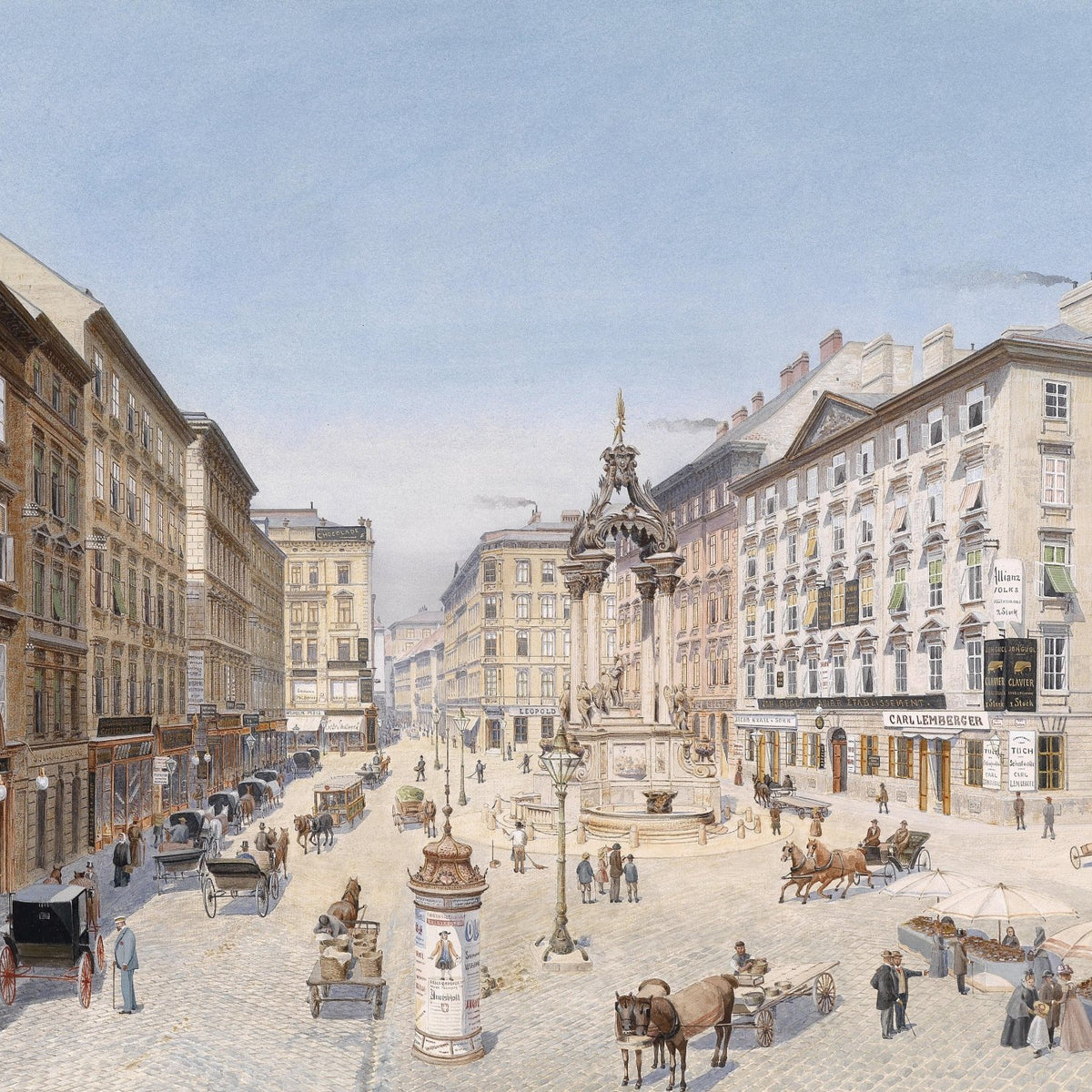 Historic European City, Fountain, Carriages – Landscape Oil Painting - Oil Painting Haven