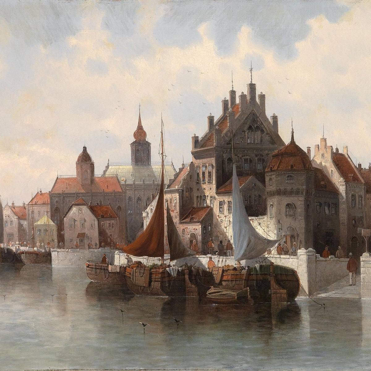 Hand-painted historic european harbor town nautical oil painting on canvas