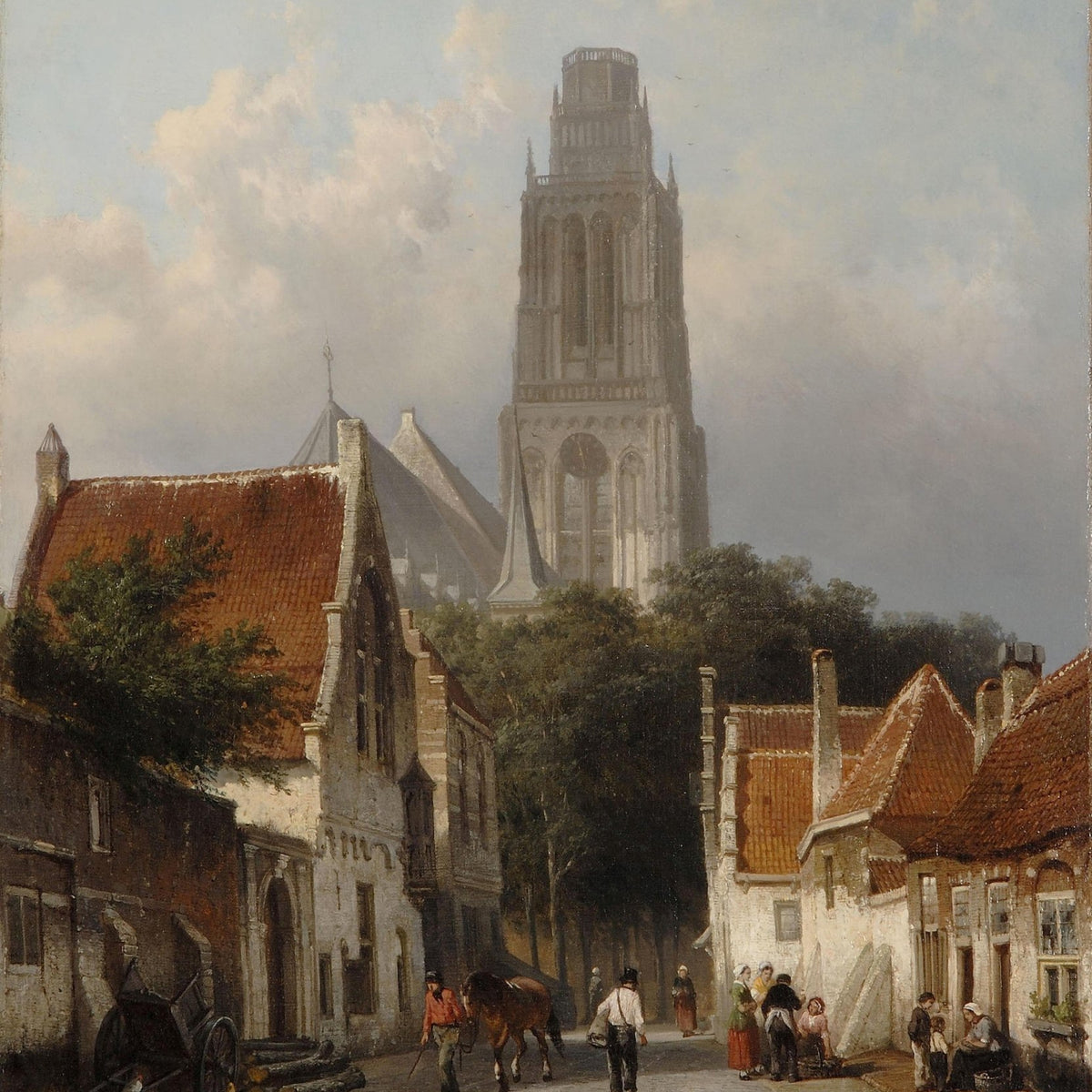 Historic European Street with Cathedral Tower – Landscape Oil Painting - Oil Painting Haven