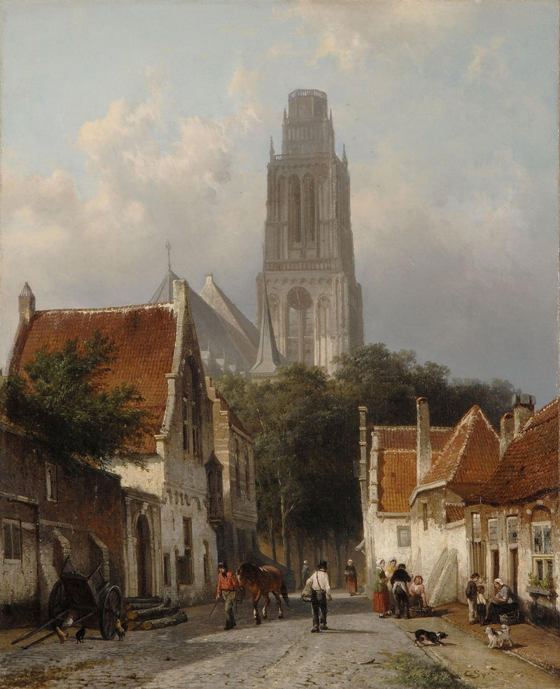 Historic European Street with Cathedral Tower – Landscape Oil Painting - Oil Painting Haven