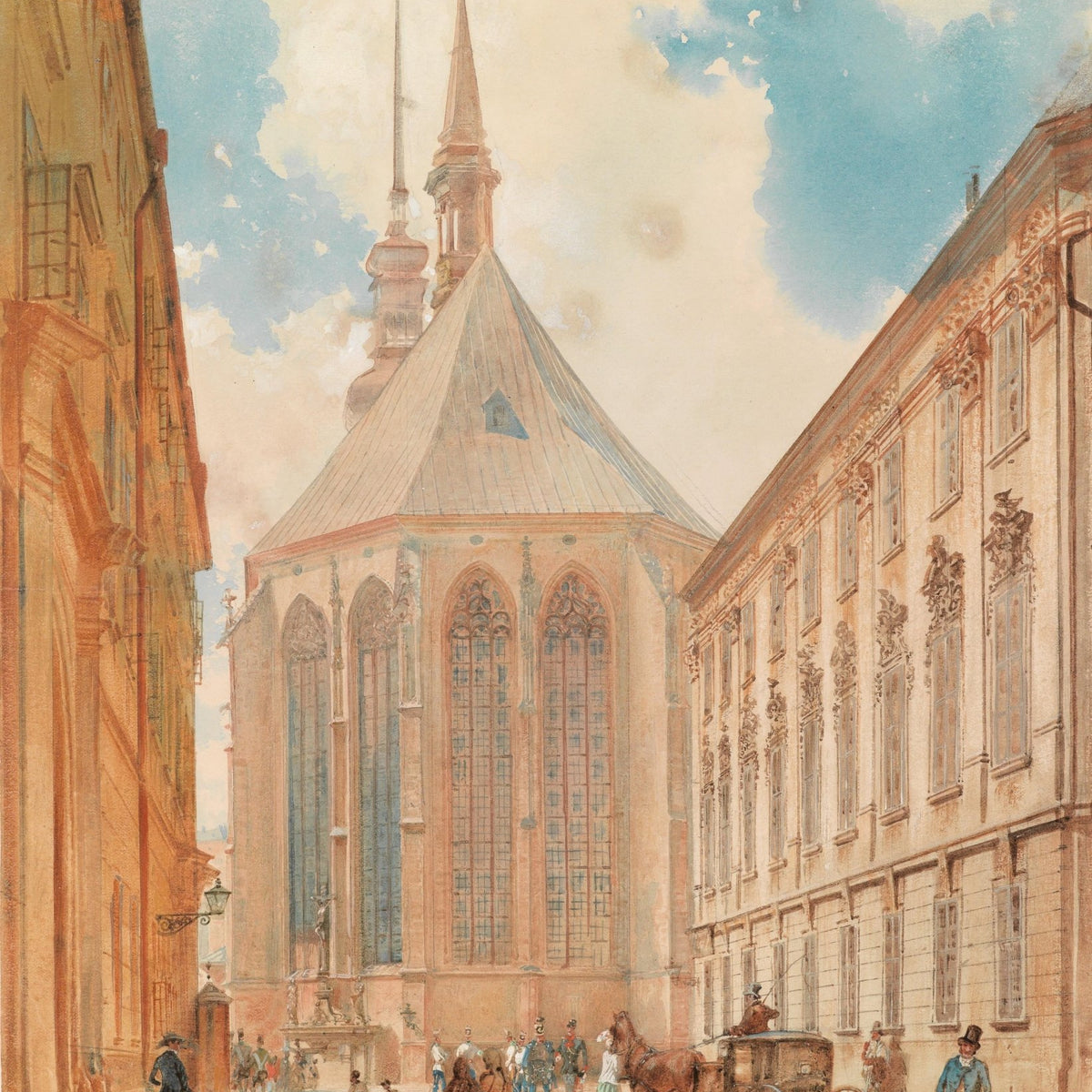 Historic European Street with Cathedral View – Landscape Oil Painting - Oil Painting Haven