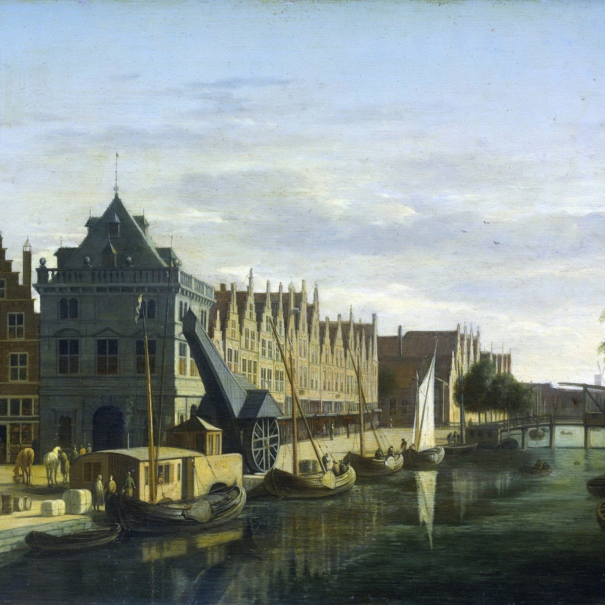 Hand-painted historic haarlem canal, harbor scene landscape oil painting on canvas