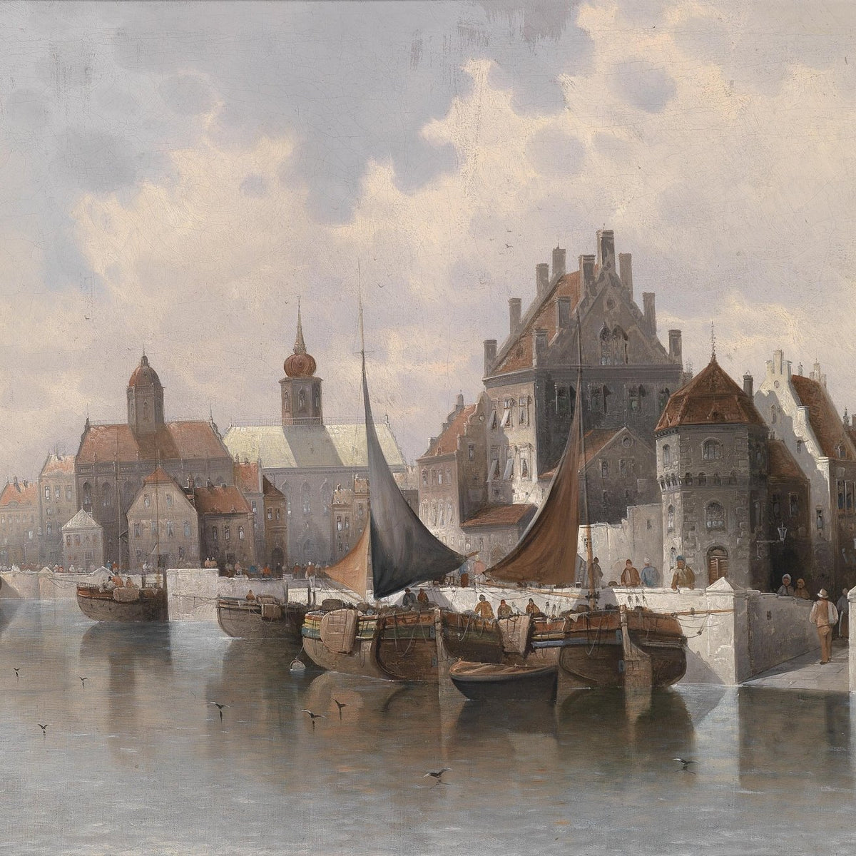 Historic Harbor City, Sailboats, Stone Quays – Landscape Oil Painting - Oil Painting Haven