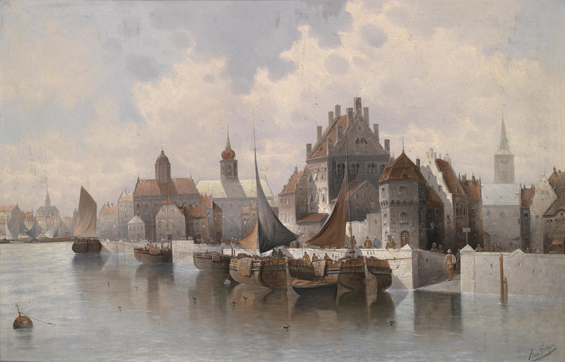 Historic Harbor City, Sailboats, Stone Quays – Landscape Oil Painting - Oil Painting Haven