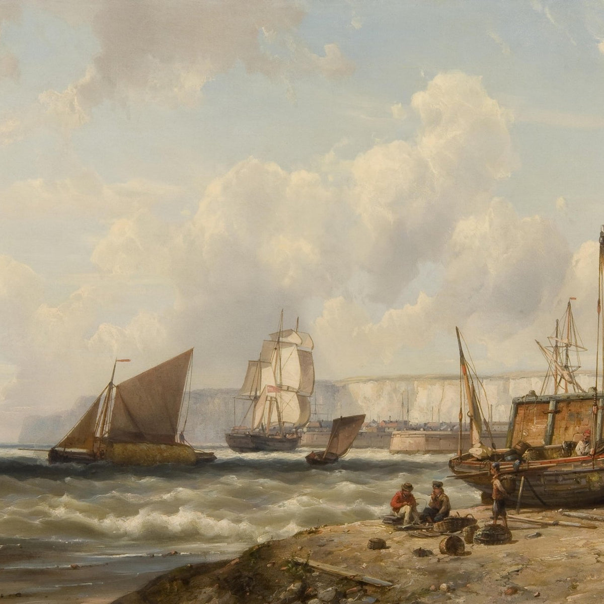 Historic Harbor with Fishing Boats and Cliffs – Landscape Oil Painting - Oil Painting Haven