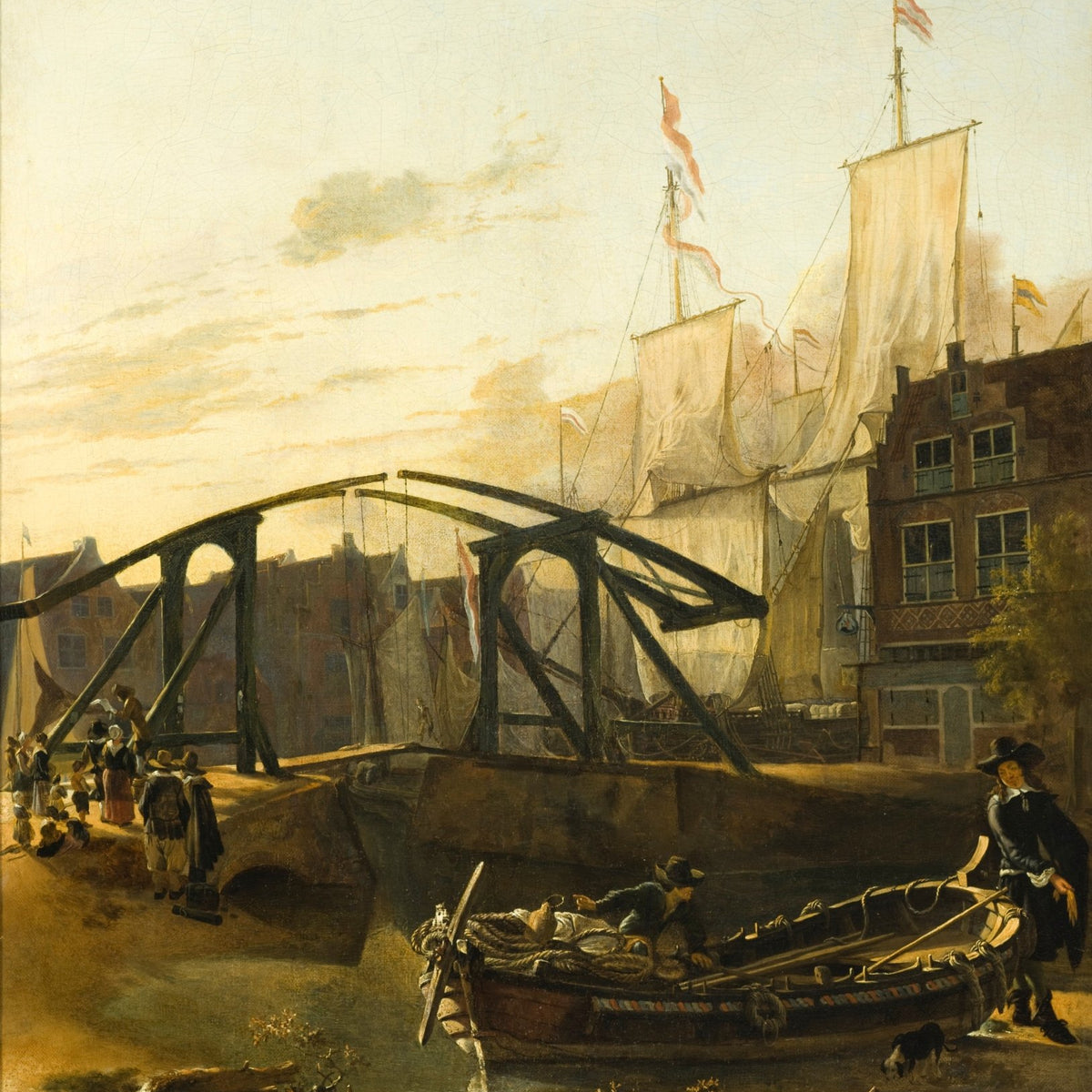 Hand-painted historic harbor with sailboats and bridge landscape oil painting on canvas