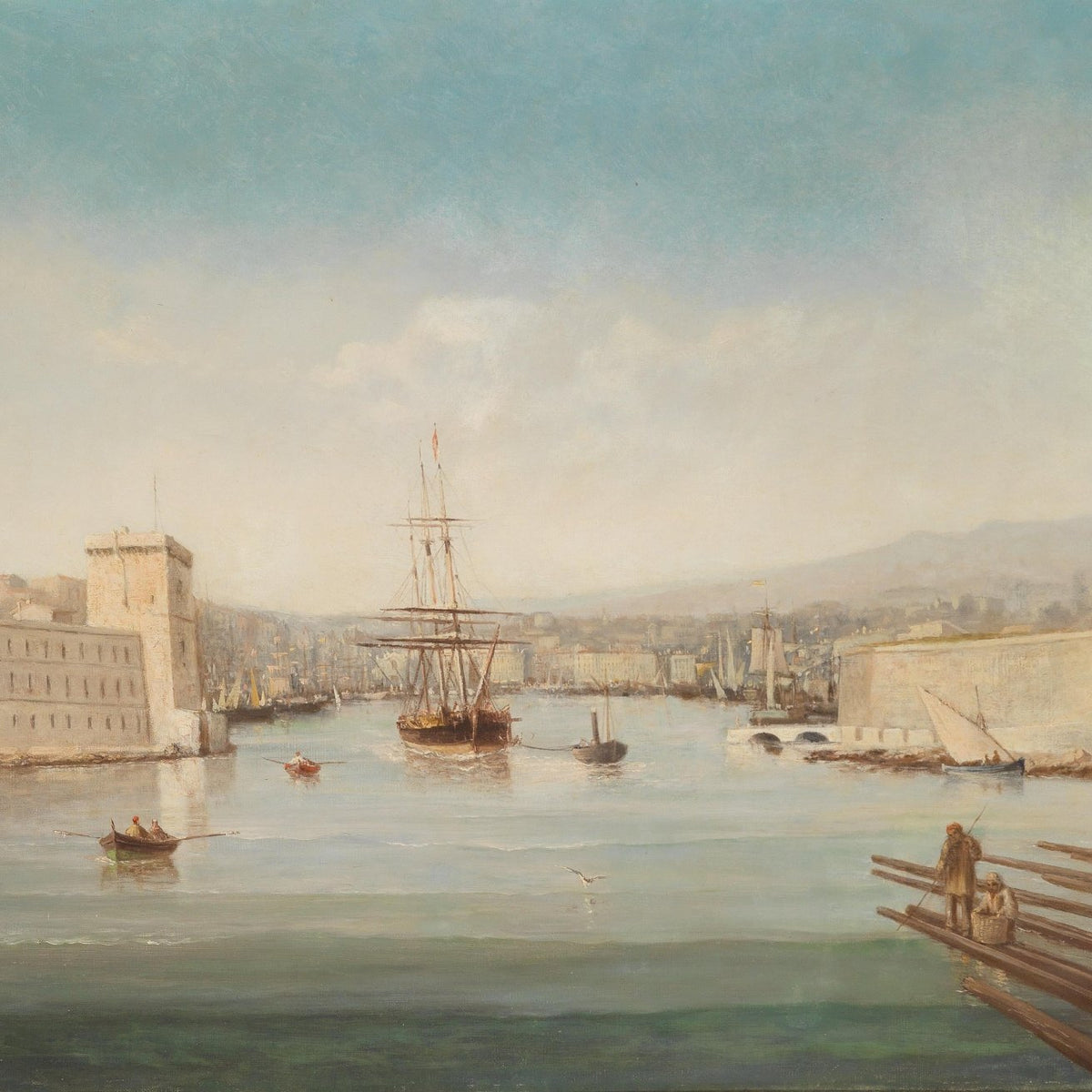 Historic Harbor with Sailing Ships at Dawn - Landscape Oil Painting - Oil Painting Haven
