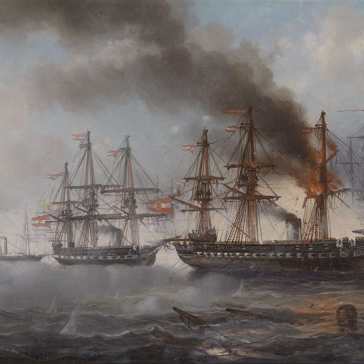 Hand-painted historic naval battle at sea nautical oil painting on canvas
