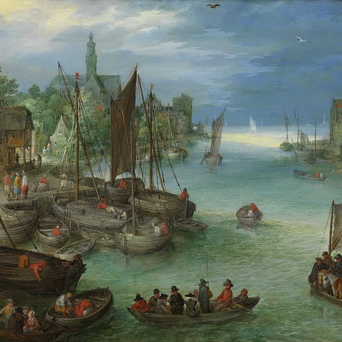 Hand-painted historic river harbor with boats and town landscape oil painting on canvas