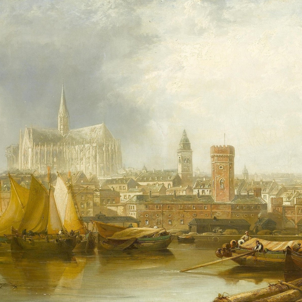 Hand-painted historic river port with cathedral nautical oil painting on canvas
