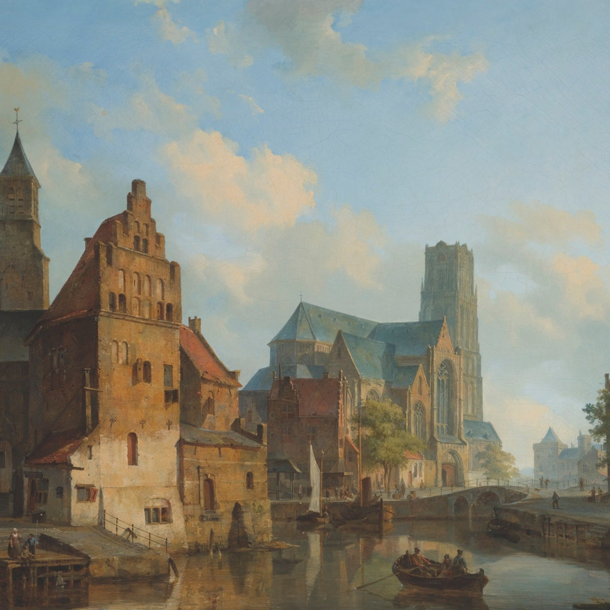 Historic Riverside City with Church and Boats – Landscape Oil Painting - Oil Painting Haven