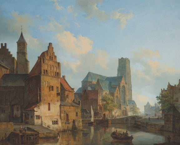 Historic Riverside City with Church and Boats – Landscape Oil Painting - Oil Painting Haven